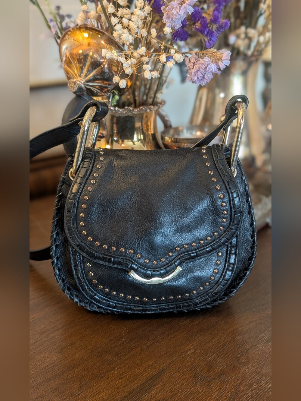 Cynthia Rowley Black Studded Leather Crossbody Bag